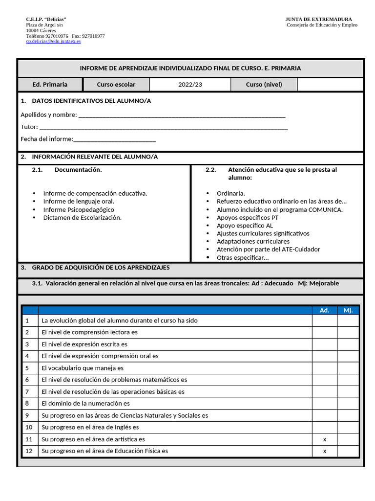 Informe Final de Aprendizaje Primaria | PDF | Educación primaria ...