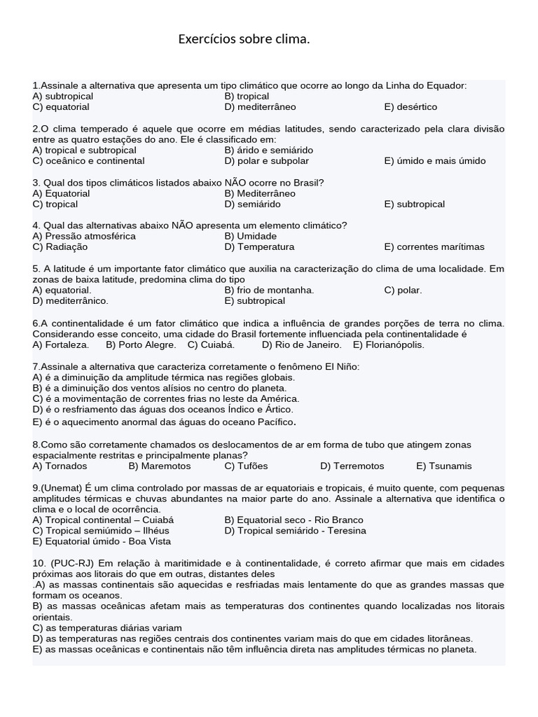 Exercícios Sobre Clima 8 | PDF | Clima | Clima