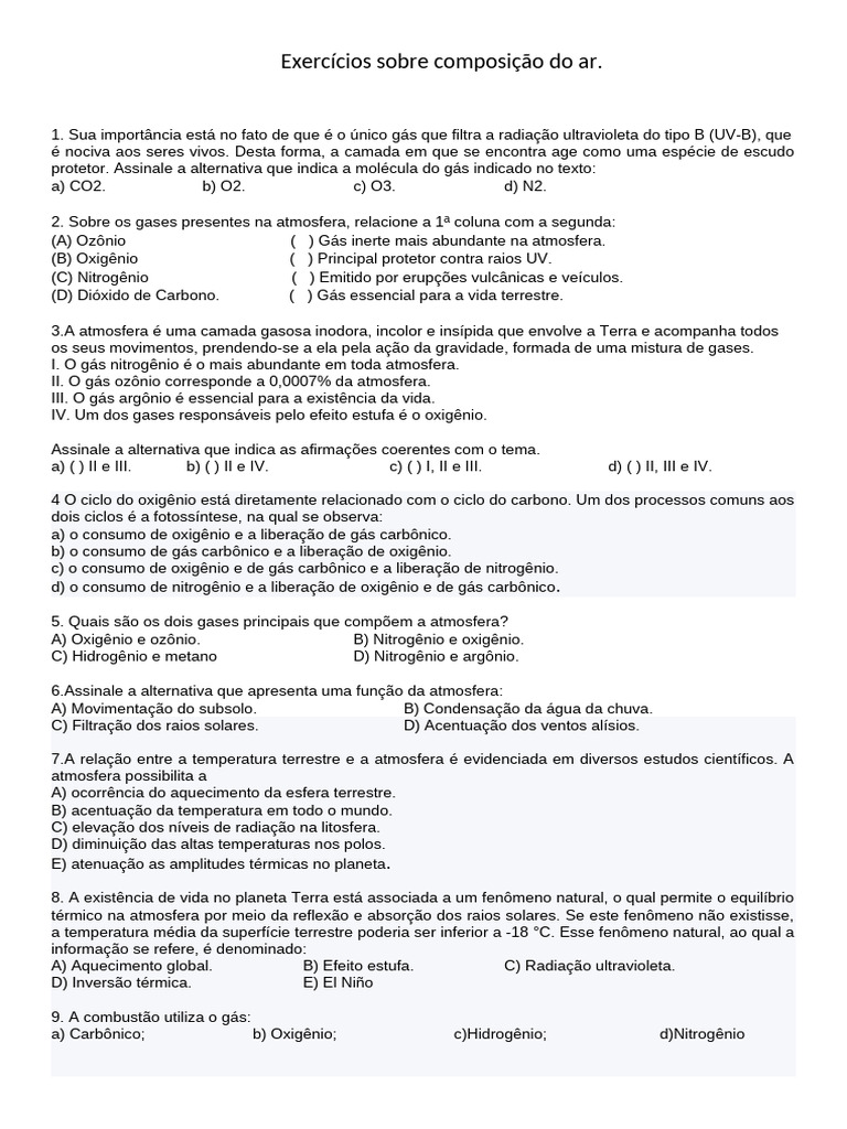 Exercícios sobre Composição do Ar e Atmosfera | PDF | Aquecimento ...