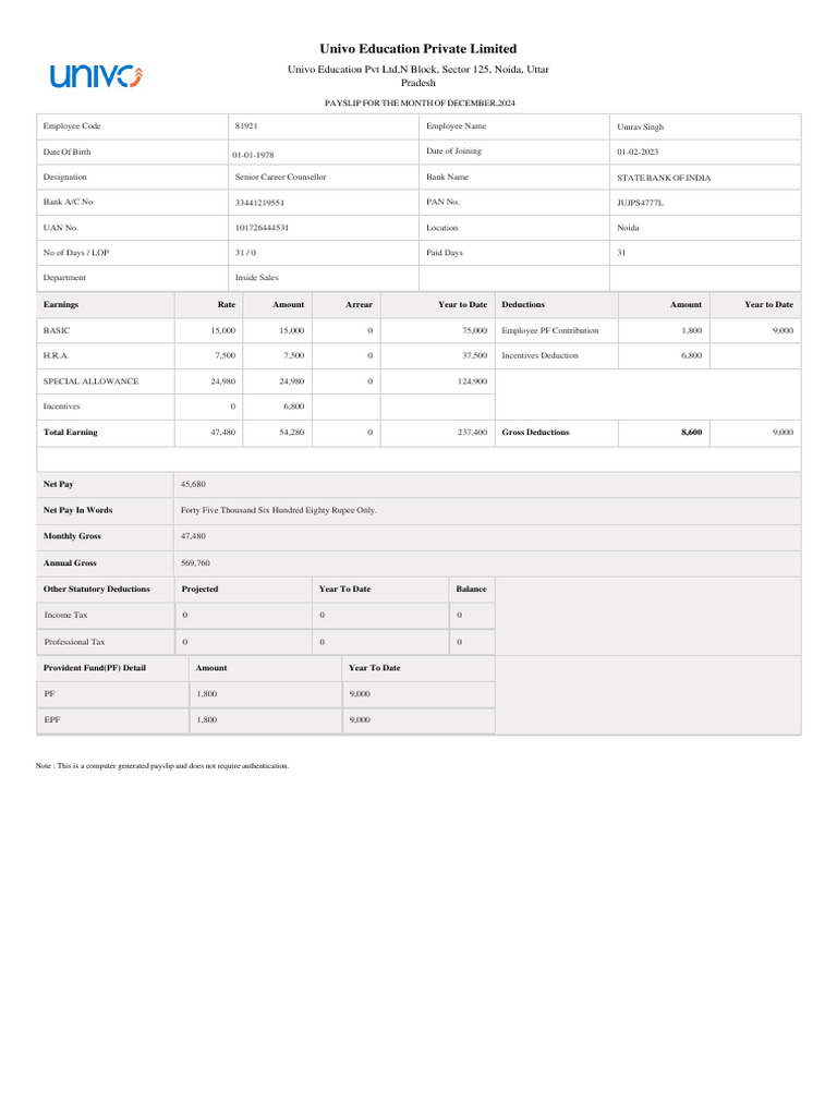 December 2024 Salary Slip Summary | PDF | Tax Deduction | Taxes