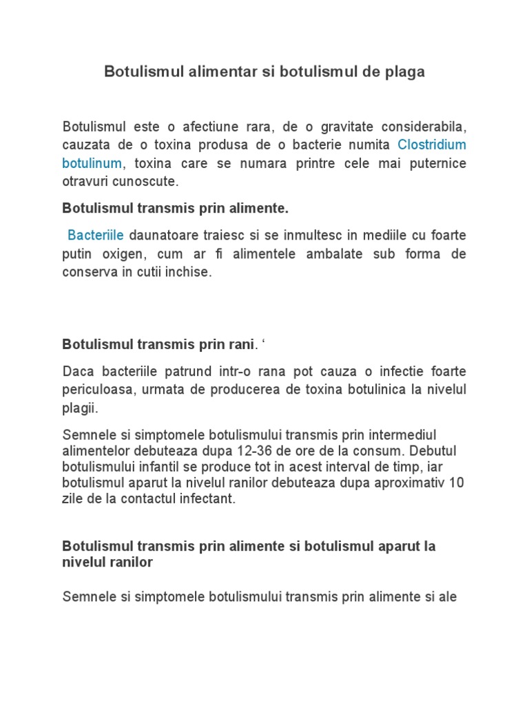 Botulismul Alimentar Si Botulismul de Plaga | PDF