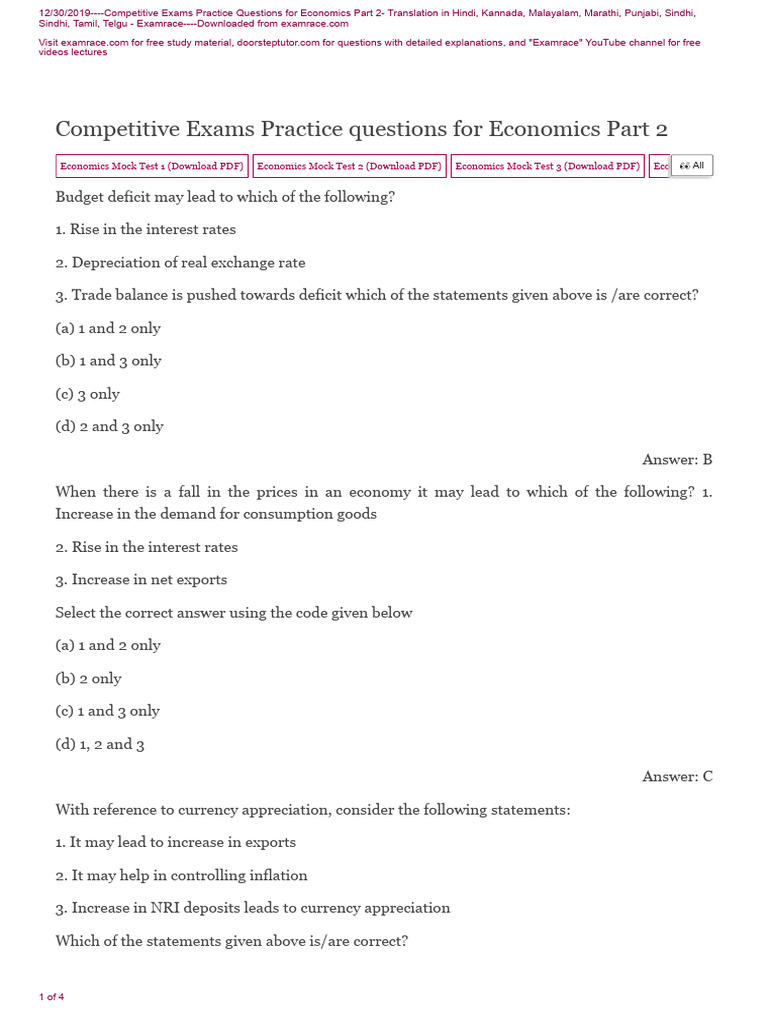 Economics Practice Questions Part 2 | PDF | Currency Appreciation And ...