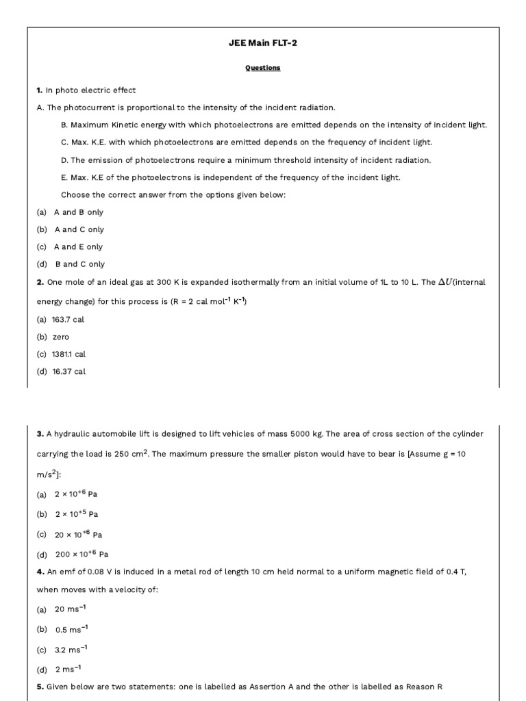 JEE Main FLT-2 Mock Test Questions | PDF | Photoelectric Effect | Light