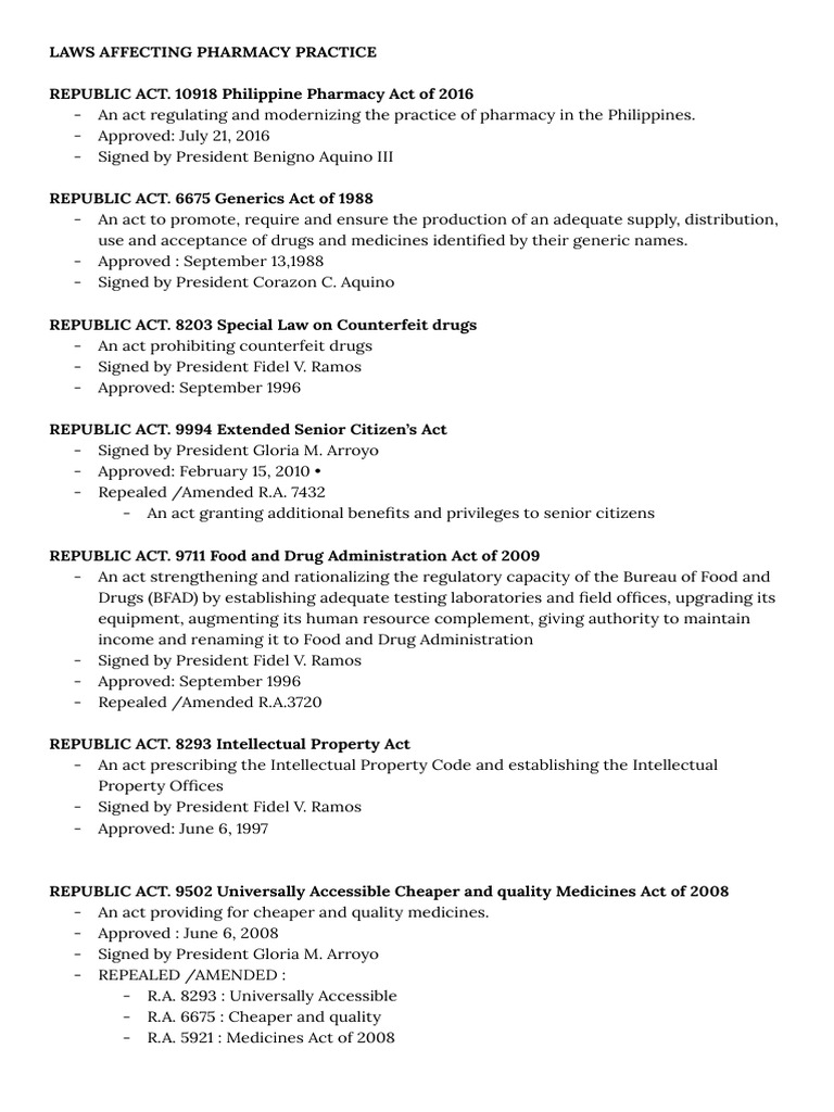 Philippine Pharmacy Laws Overview | PDF | Food And Drug Administration ...