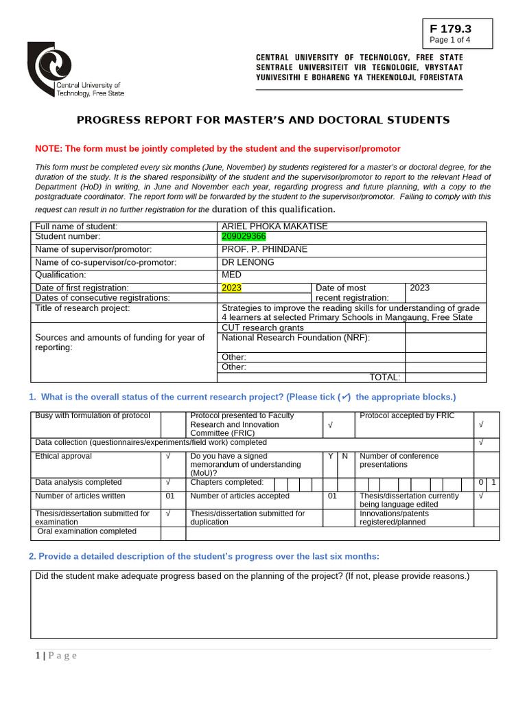 Master's and Doctoral Progress Report | PDF | Thesis | System