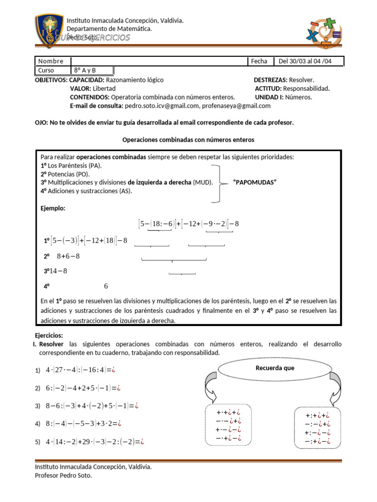 Guia de Operaciones Combinadas Con Enteros 8° | PDF | Entero