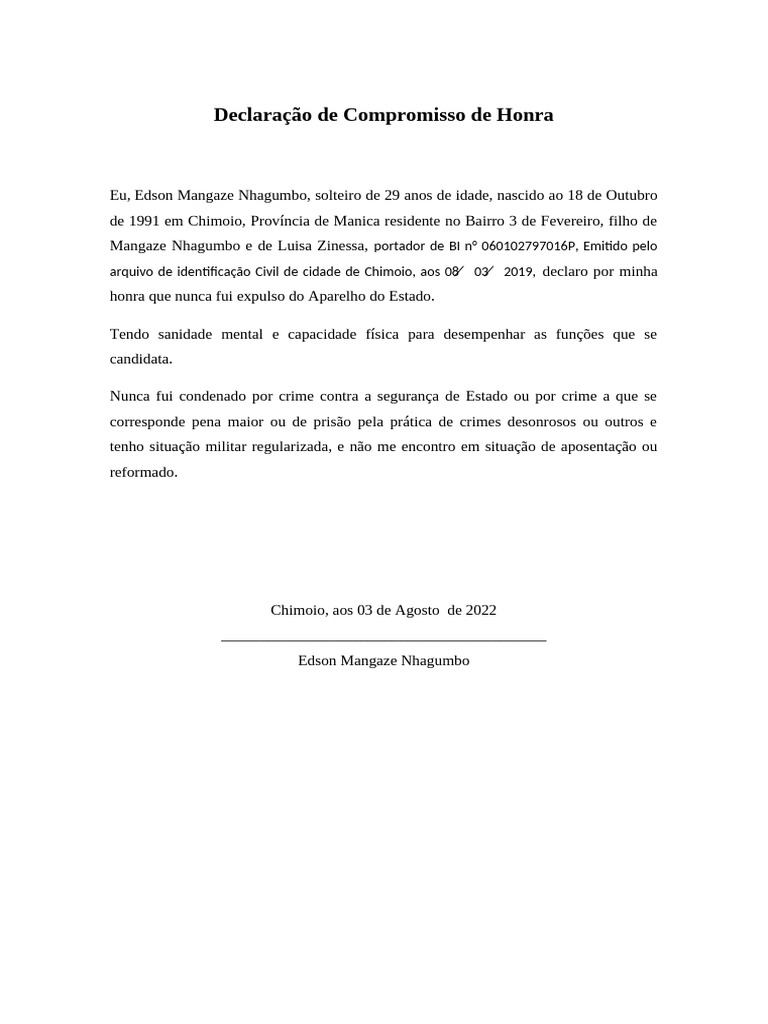 Declaração de Compromisso de Honra | PDF