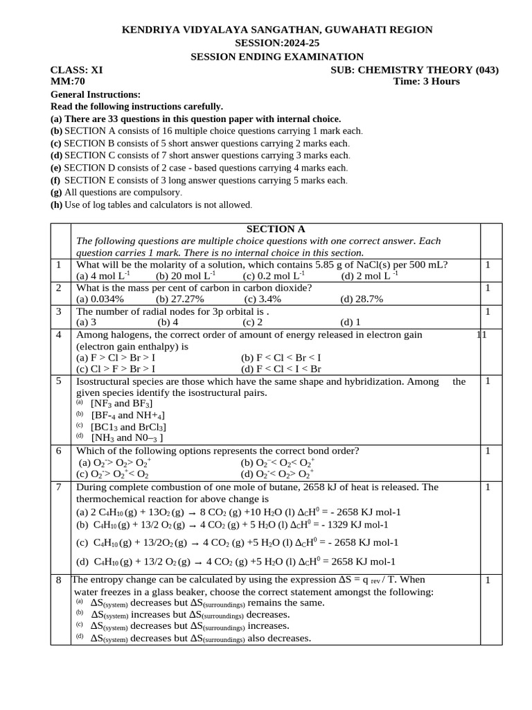 Class XI Chemistry Exam Paper 2024-25 | PDF | Applied And ...