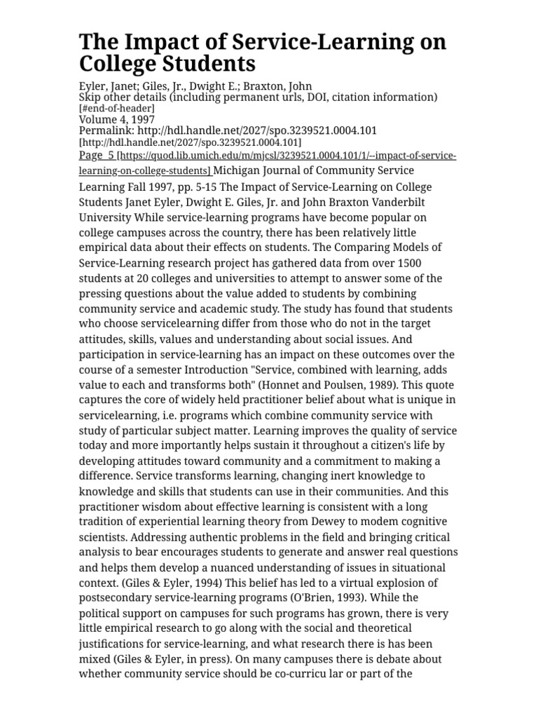 The Impact of Service-Learning On College Students | PDF | Service ...