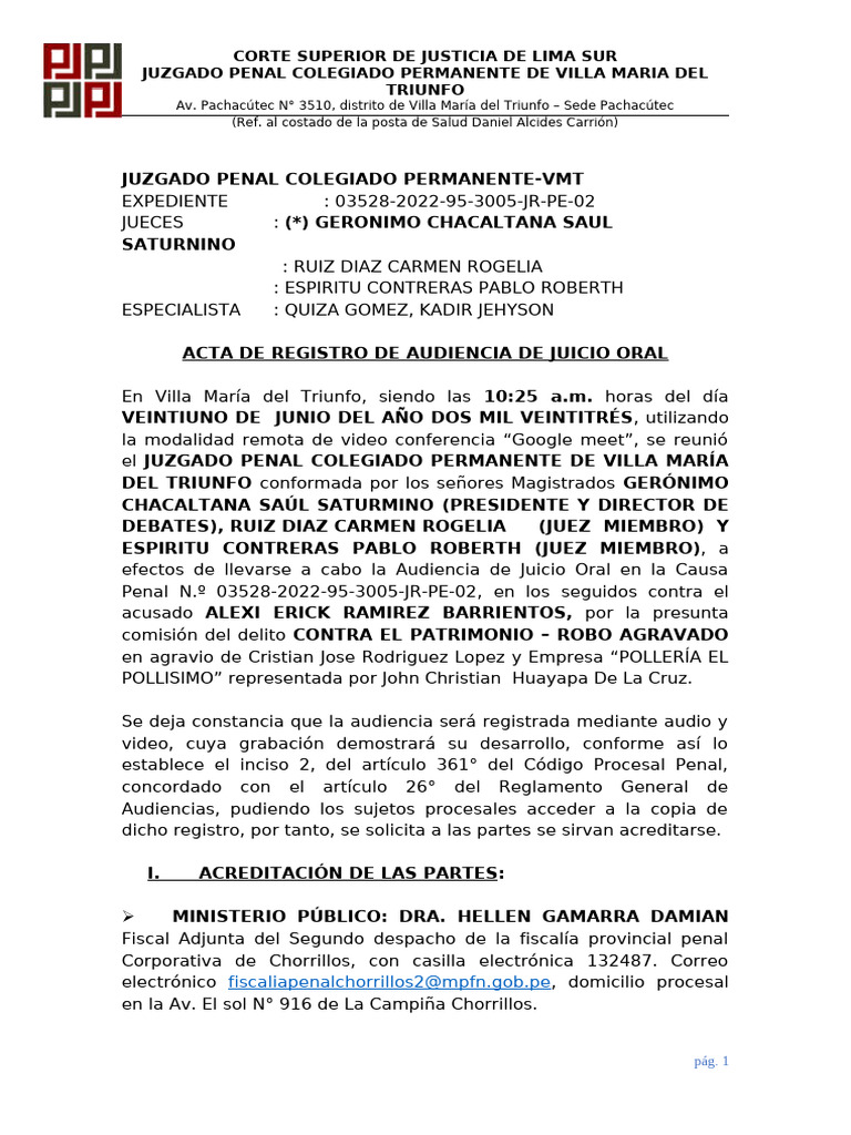 Audiencia de Juicio Oral por Robo Agravado | PDF | Justicia | Crimen y ...