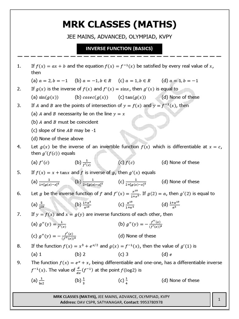 Inverse Function Basics for JEE & Olympiad | PDF | Function ...