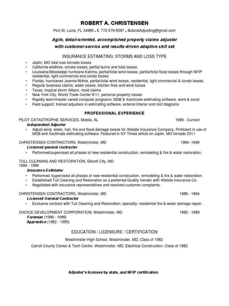 Catastrophe Property Claims Adjuster in USA Resume Robert Christensen PDF