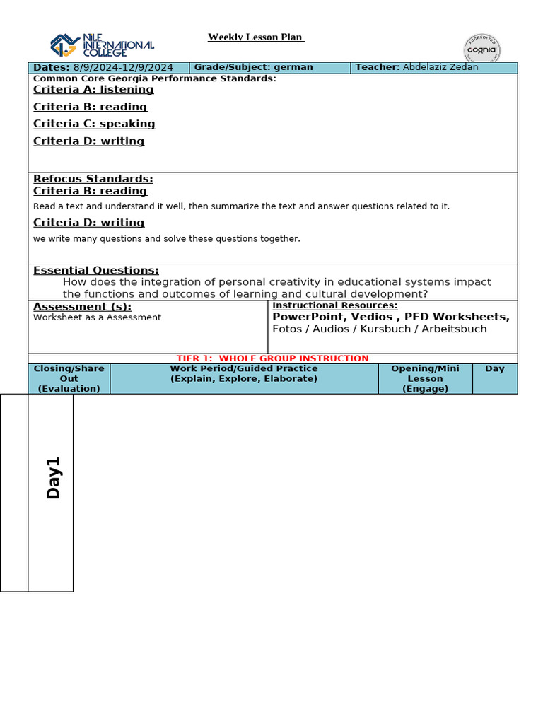 Weekly German Lesson Plan 2024 | PDF
