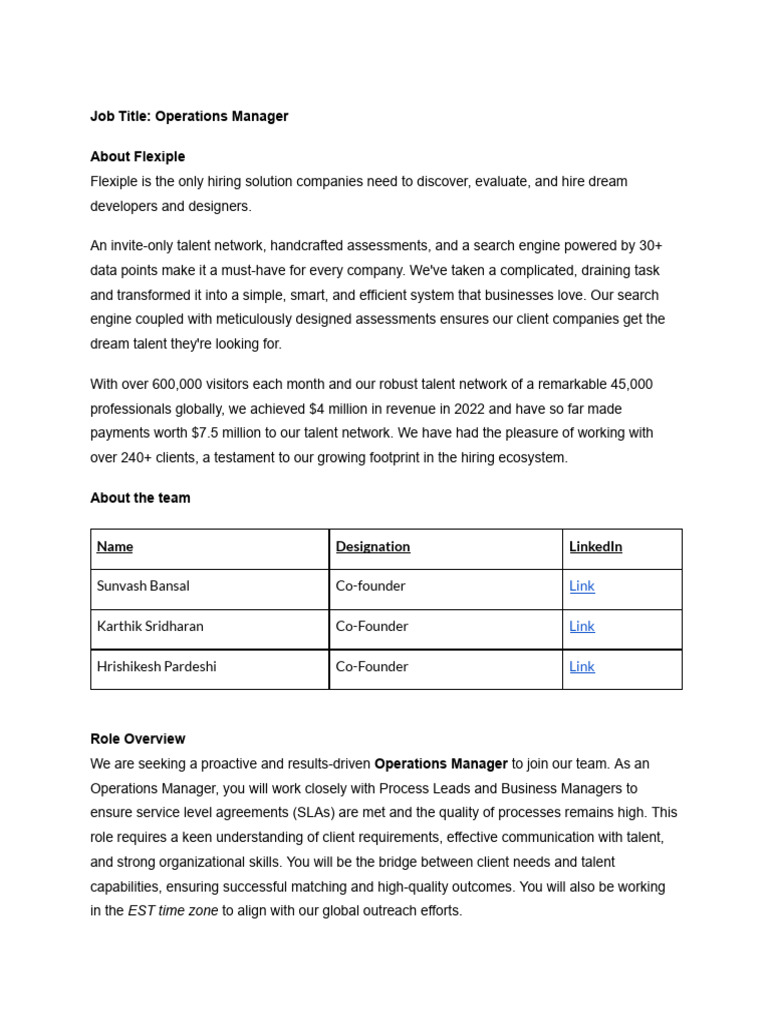 Operations Manager Job at Flexiple | PDF | Communication | Second ...