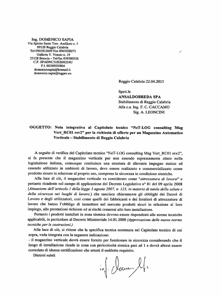 Nota Integrat Al Cap Tecnico (NTC2008 X Magazzino Da Interno) | PDF