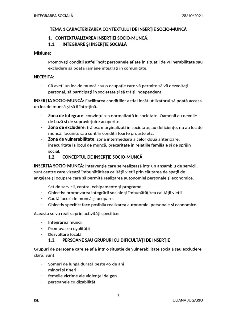 TEMA 1 CARACTERIZAREA CONTEXTULUI INSERȚIEI SOCIOPROFESIONALE | PDF