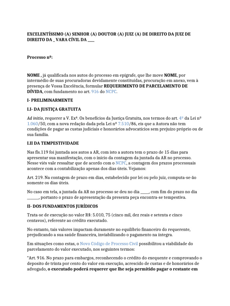 Requerimento de Parcelamento de Dívida Judicial | PDF | Crédito ...