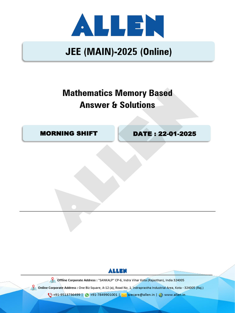 JEE Main 2025 Mathematics Memory-Based Solutions | PDF