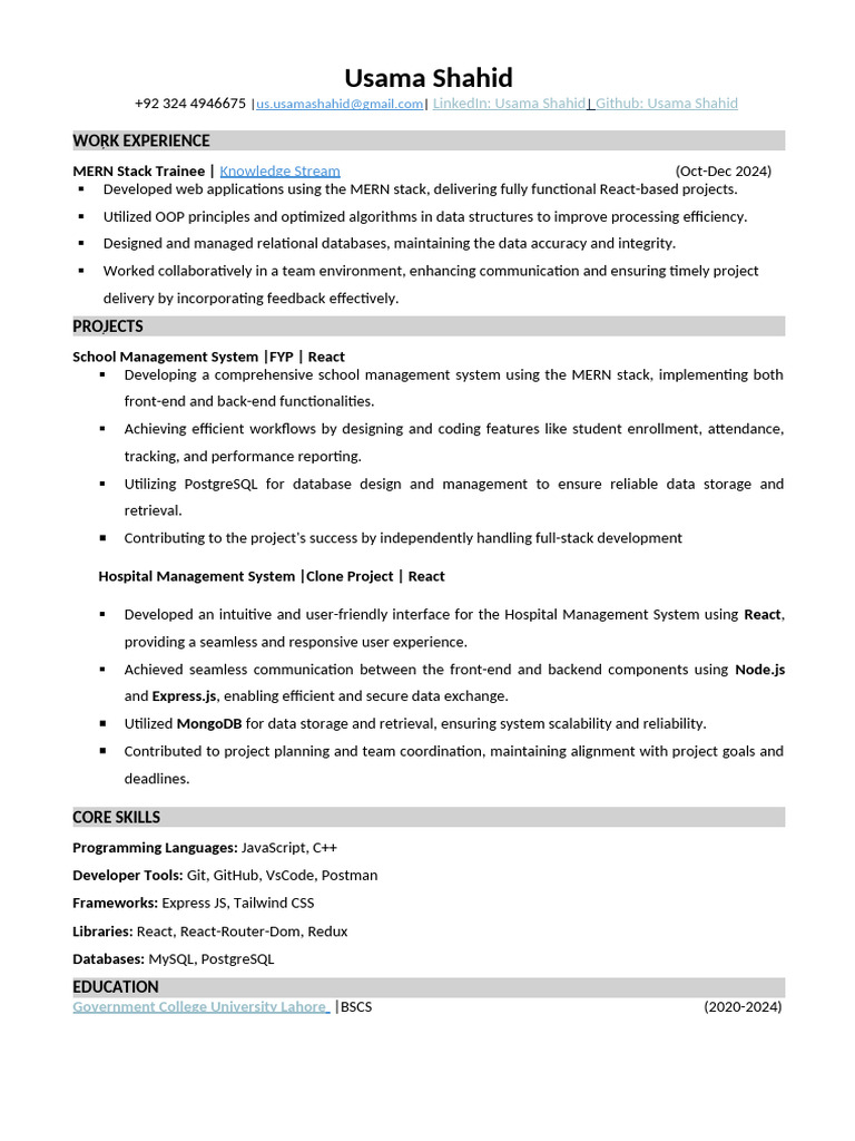 MERN Stack Developer Resume Summary | PDF