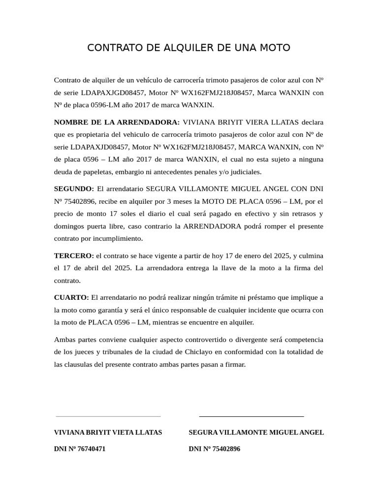 Contrato de Alquiler de Moto 2025 | PDF
