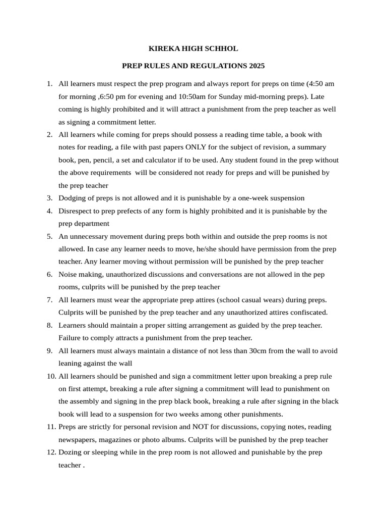 Kireka High School Prep Rules 2025 | PDF