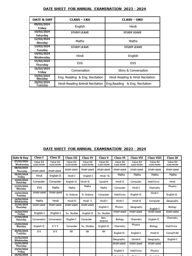 Annual Examination Date Sheet 2024 | PDF