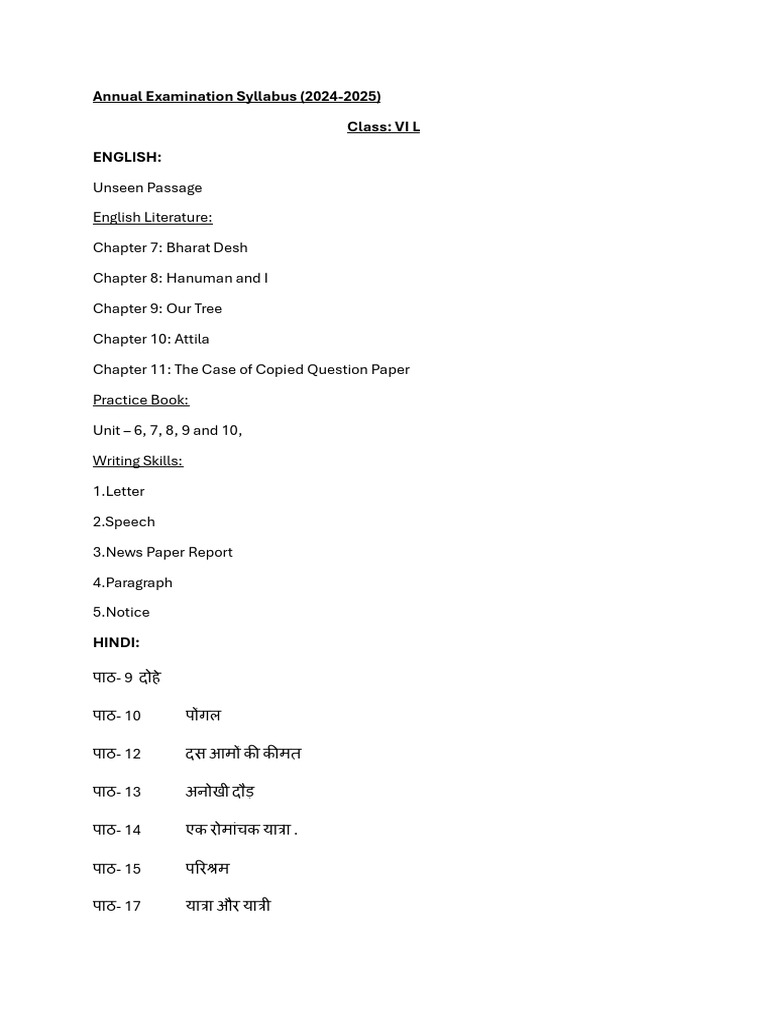 Class VI L Annual Exam Syllabus 2024-25 | PDF