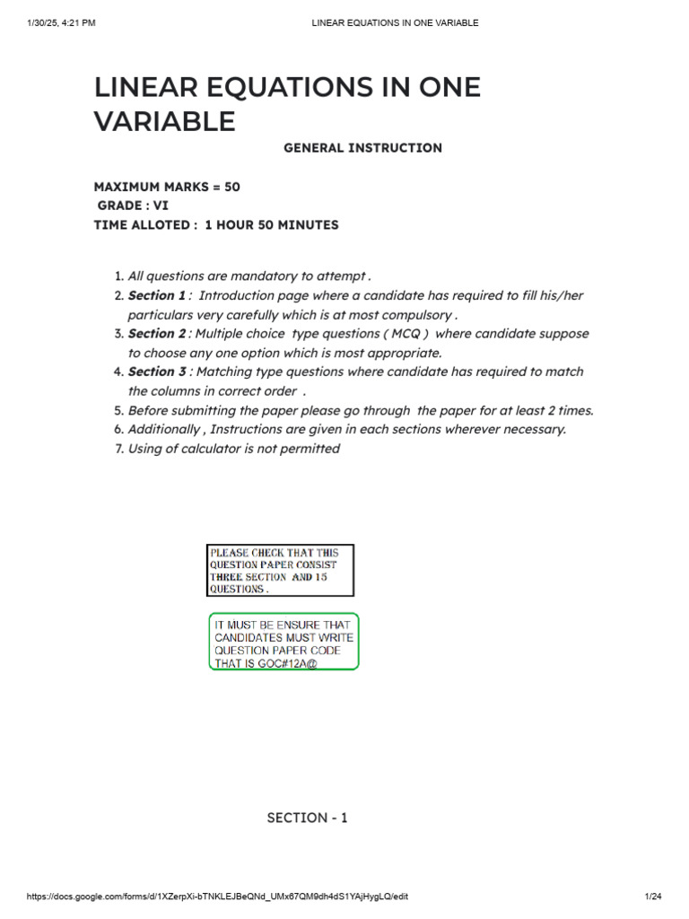 LINEAR EQUATIONS IN ONE VARIABLE - Google Forms | PDF | Equations ...