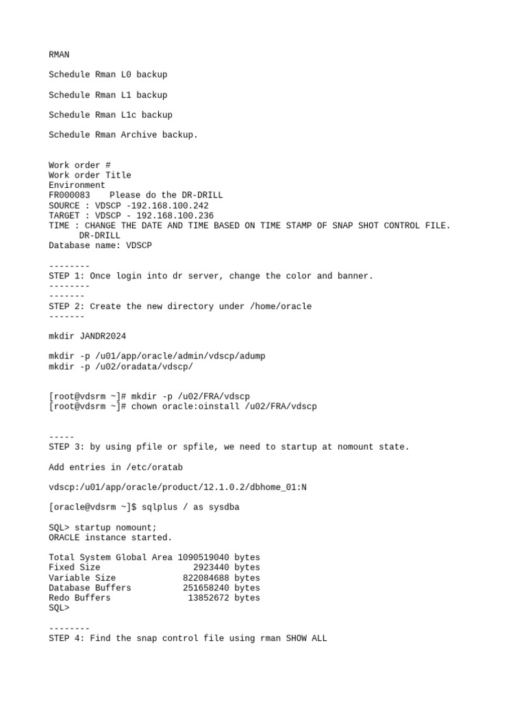 RMAN DR-Drill and Backup Procedures | PDF | Backup | Databases