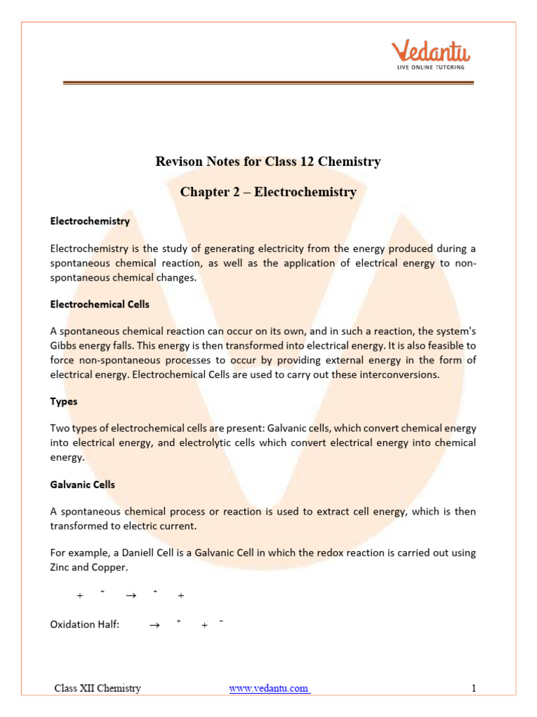 Class 12 Electrochemistry Notes | PDF | Electrochemistry | Redox