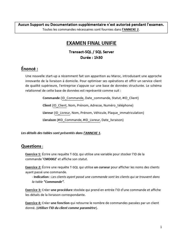 Examen Final Unifié T-SQL | PDF | Microsoft SQL Server | Bases de données