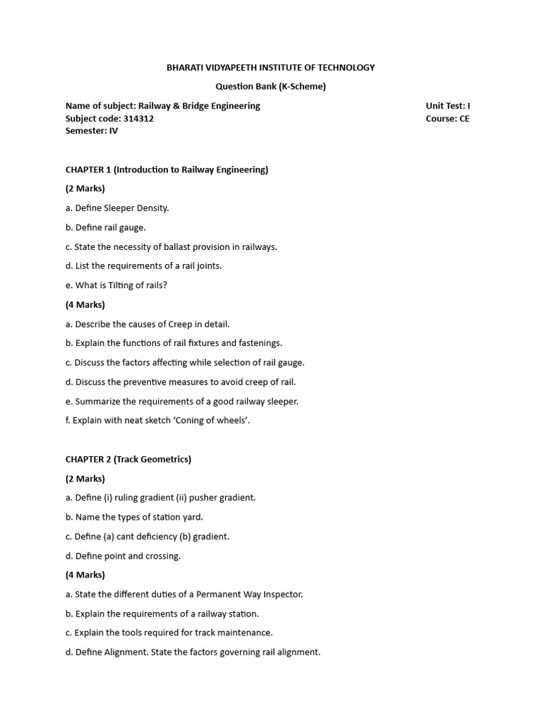 Railway & Bridge Engineering Question Bank | PDF