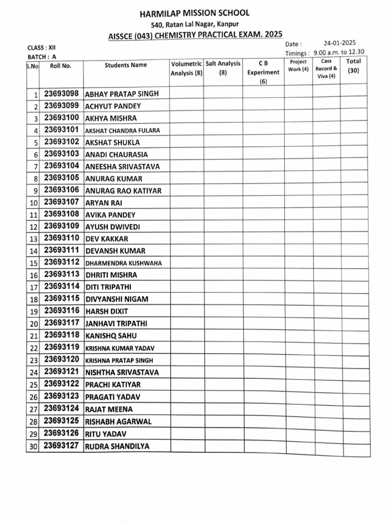 Chemistry Board Practical Student List 2025 | PDF