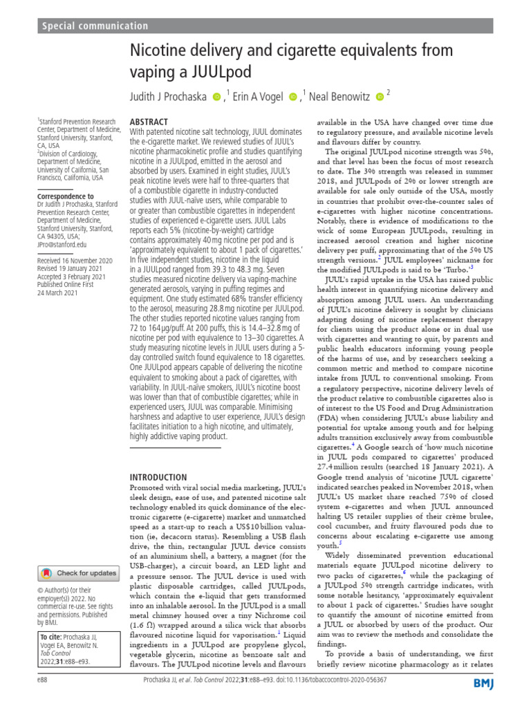 Nicotine Delivery And Cigarette Equivalents From Vaping A Juulpod Pdf