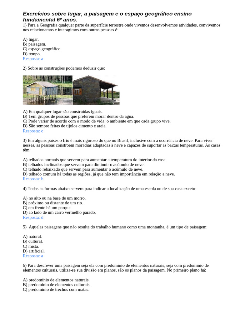 Exercícios sobre Espaço Geográfico 6º Ano | PDF