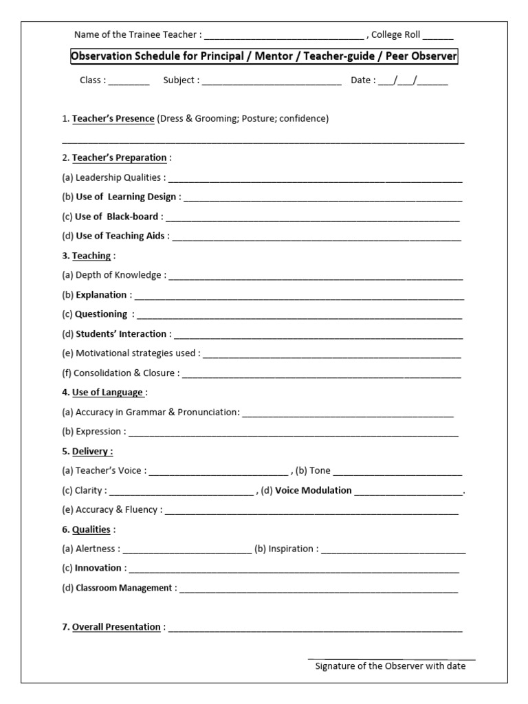 Observation Schedule For Practice Teacching | PDF