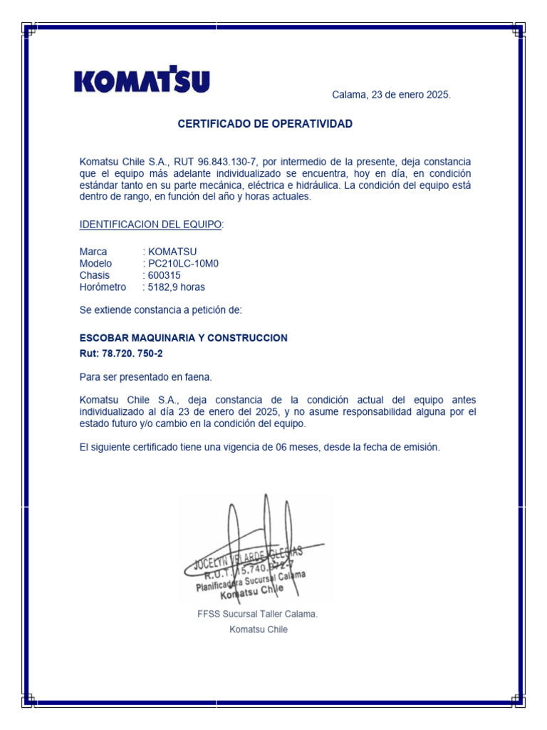 Certificado de Operatividad Komatsu PC210LC-10M0 | PDF