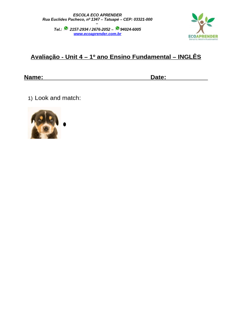 Avaliação de Inglês - 1º Ano Fundamental | PDF