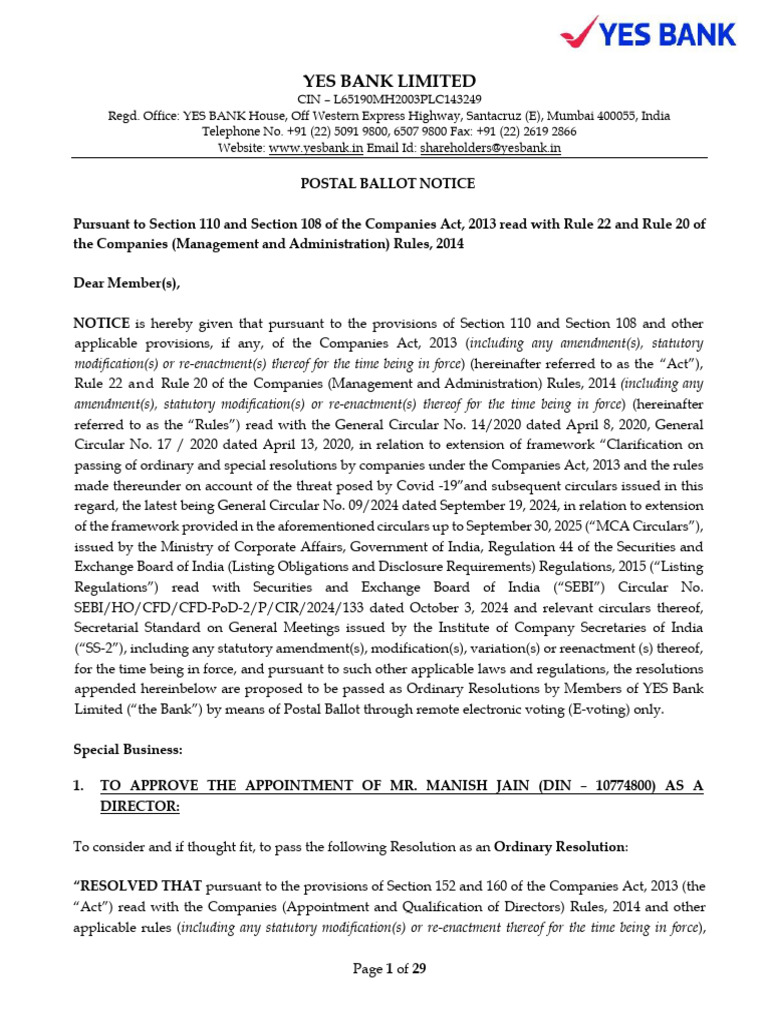 YES Bank Postal Ballot Notice 2024 | PDF | Login | Electronic Voting