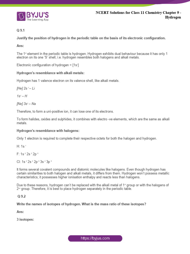 NCERT Class 11 Chemistry: Hydrogen Solutions | PDF | Hydride | Hydrogen