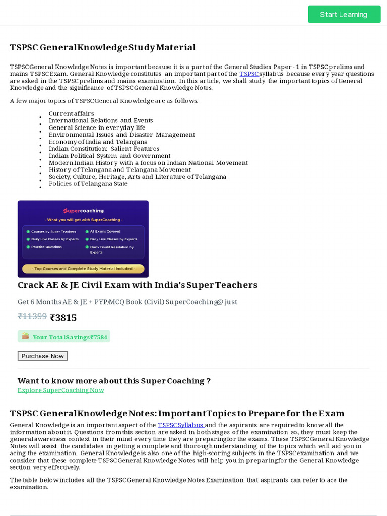 TSPSC General Knowledge (GK) Question & Notes, Free PDF! | PDF