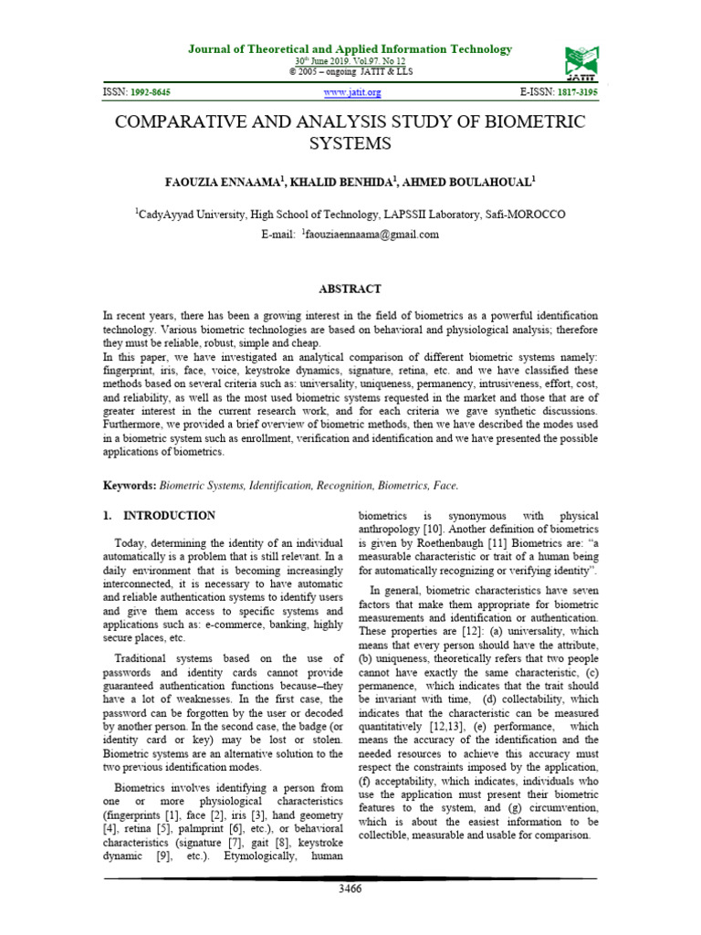 Comparative Analysis of Biometric Systems | PDF | Biometrics | Fingerprint