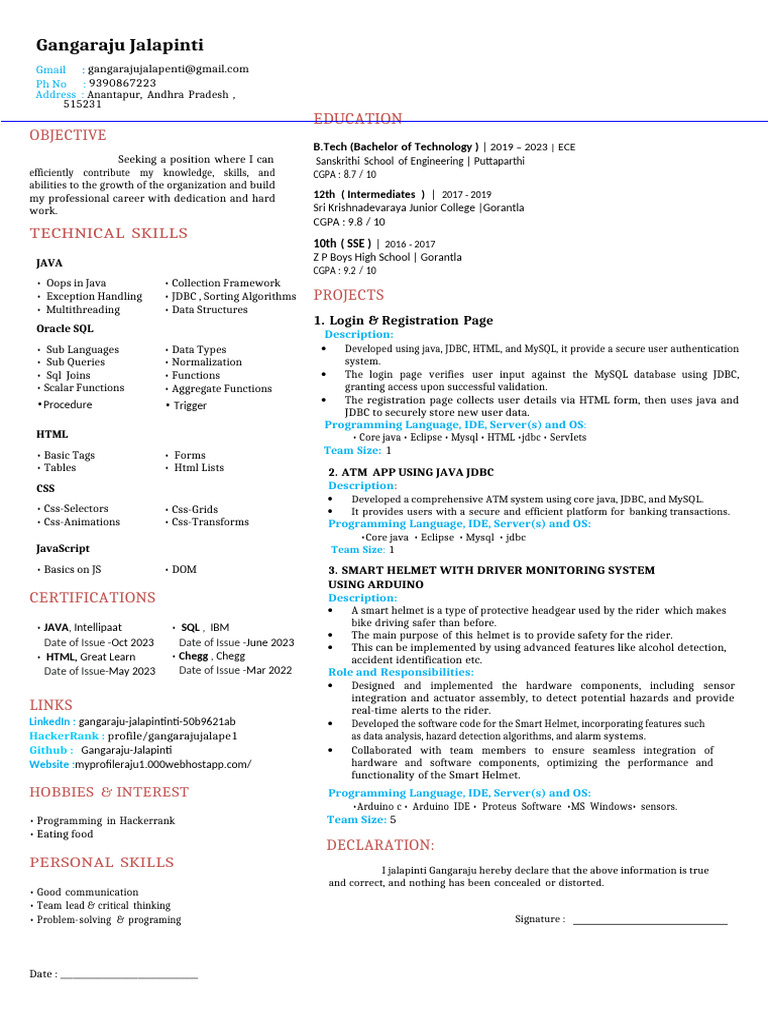 Gangaraju Software Engineer | PDF | My Sql | Java (Programming Language)