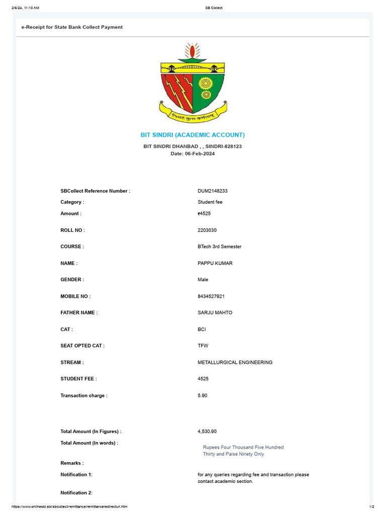 e-Receipt for BIT Sindri Student Fee | PDF | Payments | Services ...