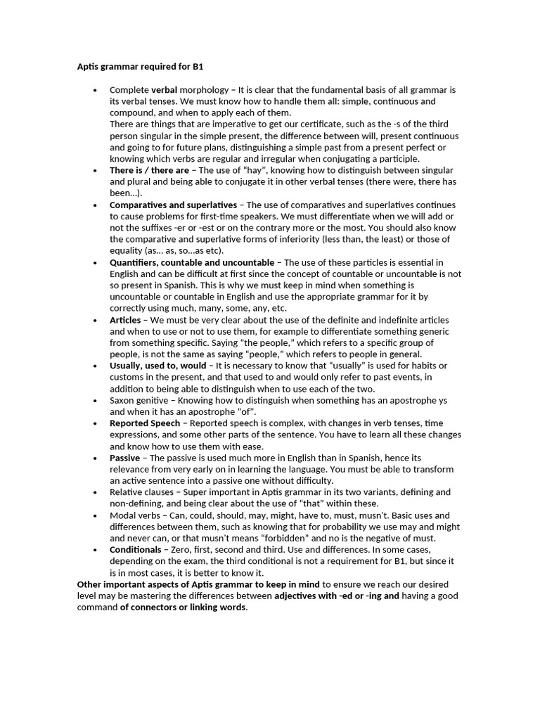 Aptis B1-B2 Grammar and Vocabulary Guide | PDF | Verb | Grammatical Tense
