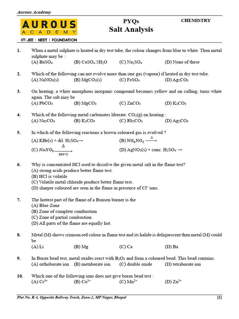 SALT ANALYSIS PYQ - Without Answer | PDF | Precipitation (Chemistry ...