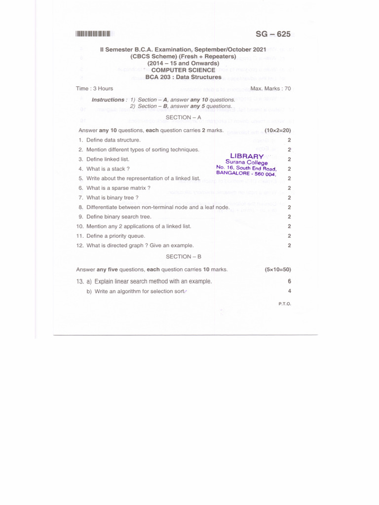 2021 Sept Octo BCA 2nd Sem Data Structures SG-625 | PDF