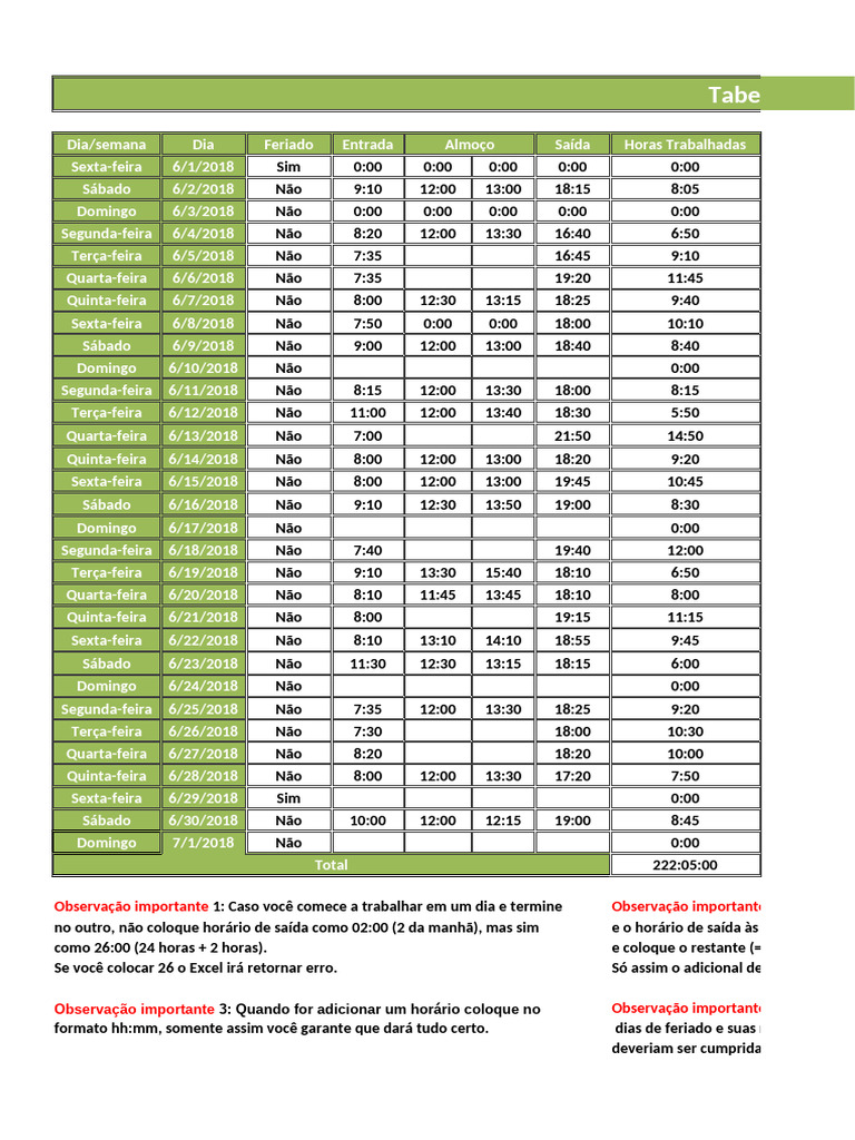 Planilha CLT de horas Trabalhadas | PDF | Expediente | Compensação de ...