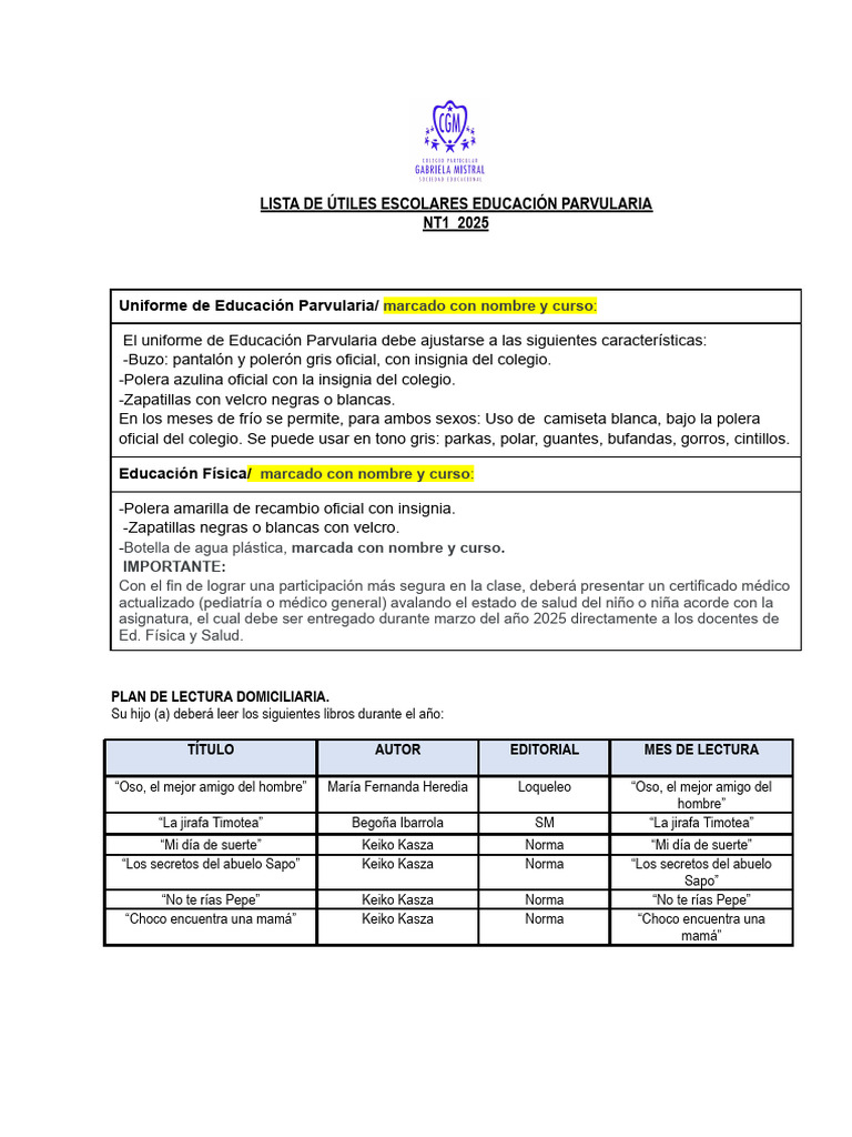 Lista de Útiles Escolares NT1 2025 | PDF