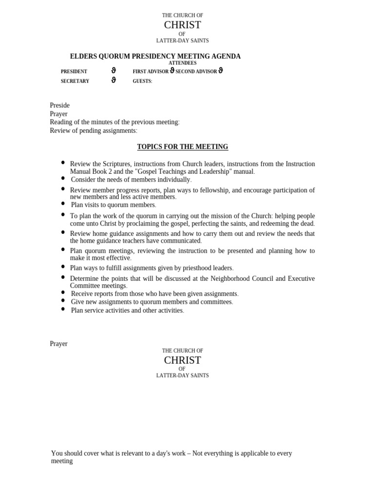 Elders Quorum Presidency Meeting Agenda | PDF | The Church Of Jesus ...